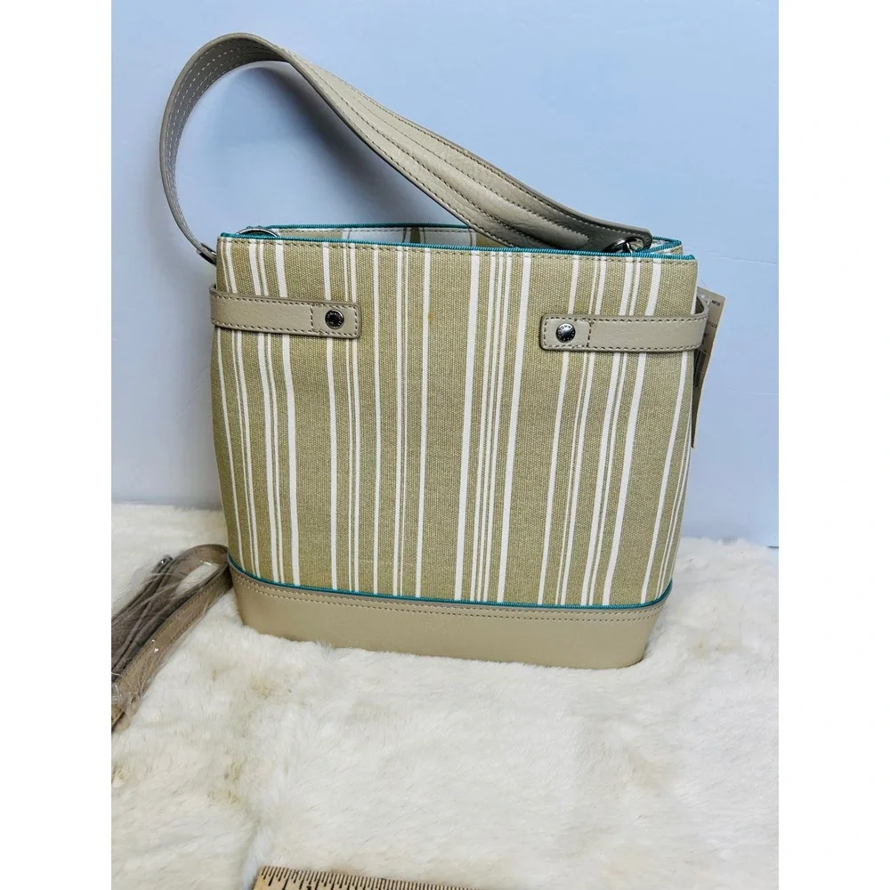 Tommy Hilfiger Khaki White Striped Bucket Bag Crossbody Tan Trim NEW